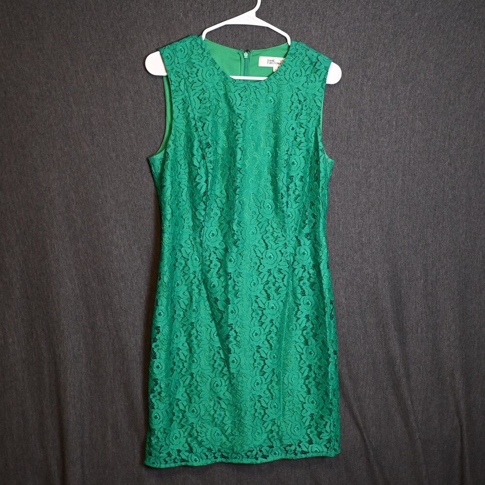 Diane von Furstenberg Women's 8 Sleeveless Green Lace Sheath Dress Floral DVF